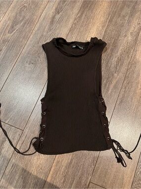Zara Chocolate Brown Ribbed Sleeveless Tank with Side Lace-Up